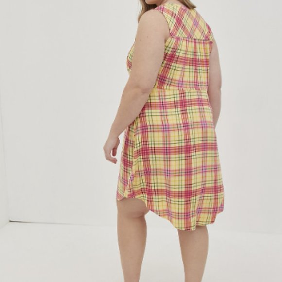 TORRID YELLOW & PINK PLAID MINI CHALLIS ZIP-FRONT SHIRT DRESS 3X NWT - Picture 3 of 6